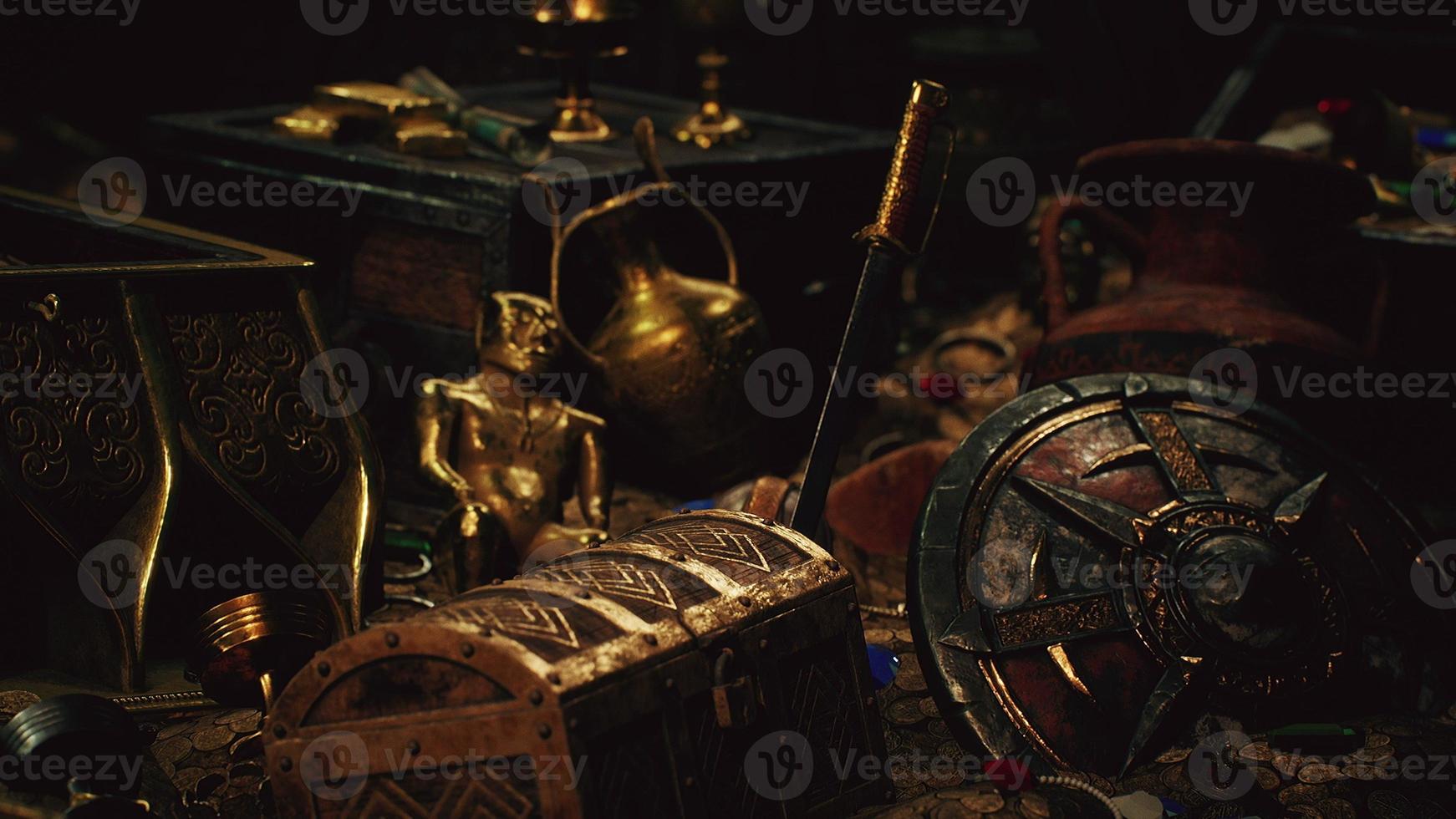 treasures in a dark cave with coins diamonds and gold photo