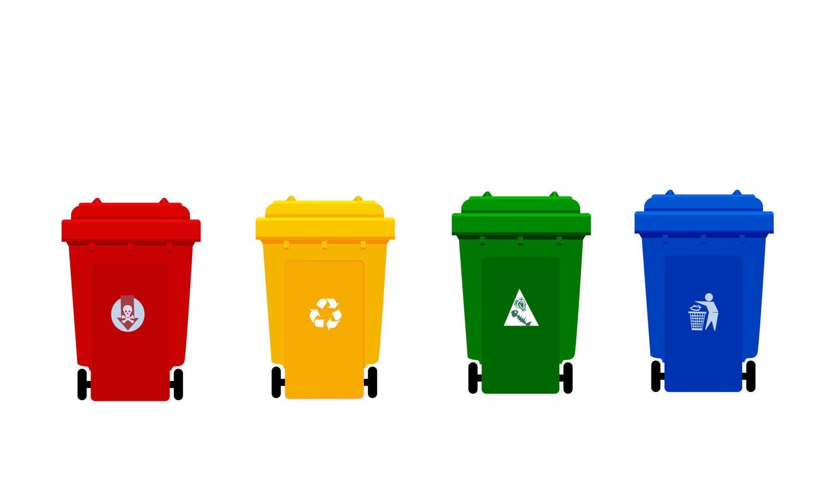 cubo de basura de plástico, cubo de basura de cuatro colores rojo, amarillo, verde y azul con símbolo, la imagen frontal de los cuatro cubos de basura de plástico, vector