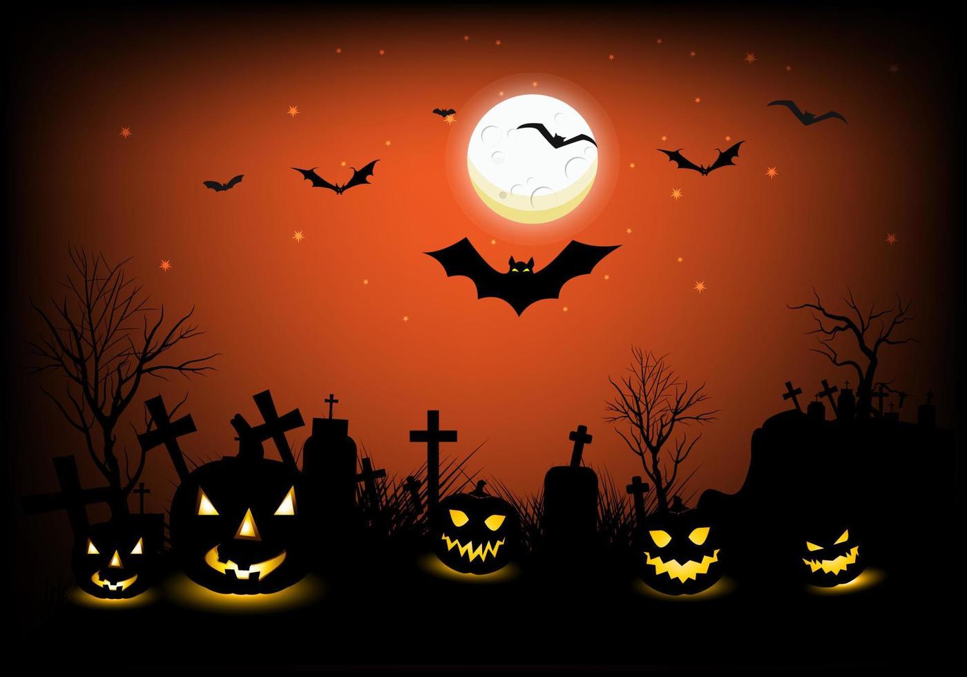 Halloween night with evil pumpkins on starry grave in Cemetery with moonlight vector