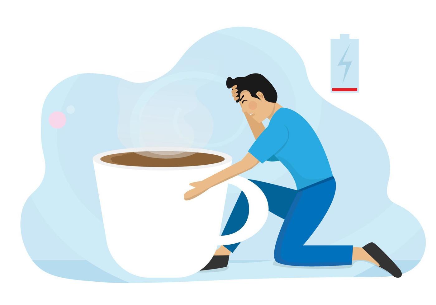 un hombre con un estado de energía bajo, agotamiento físico o emocional, agotamiento mental, batería baja, necesita una taza de café gigante. vector