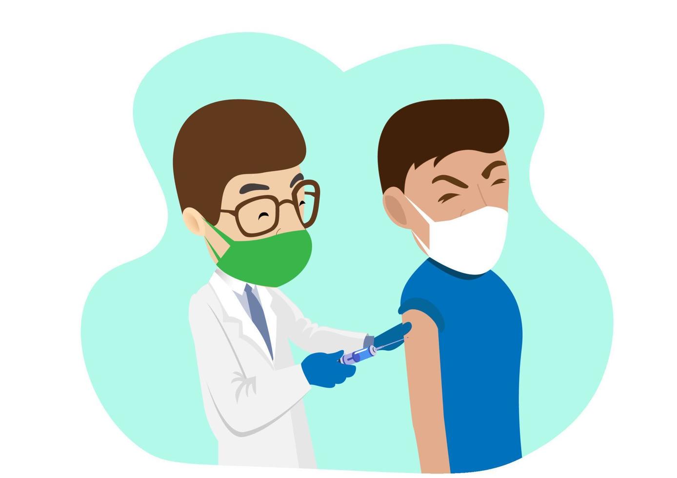 el médico inyecta una aguja de vacuna en el brazo del paciente. ilustración de dibujos animados de vector de vacunación contra el virus de la corona