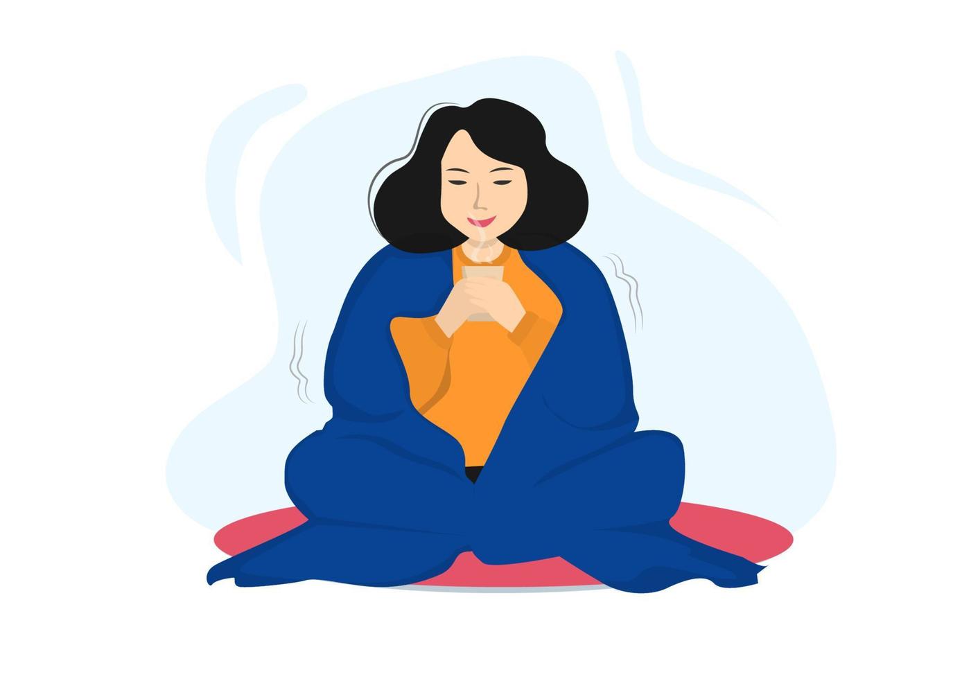 A woman happy to relax, drink tea, cover her body with a blanket. vector