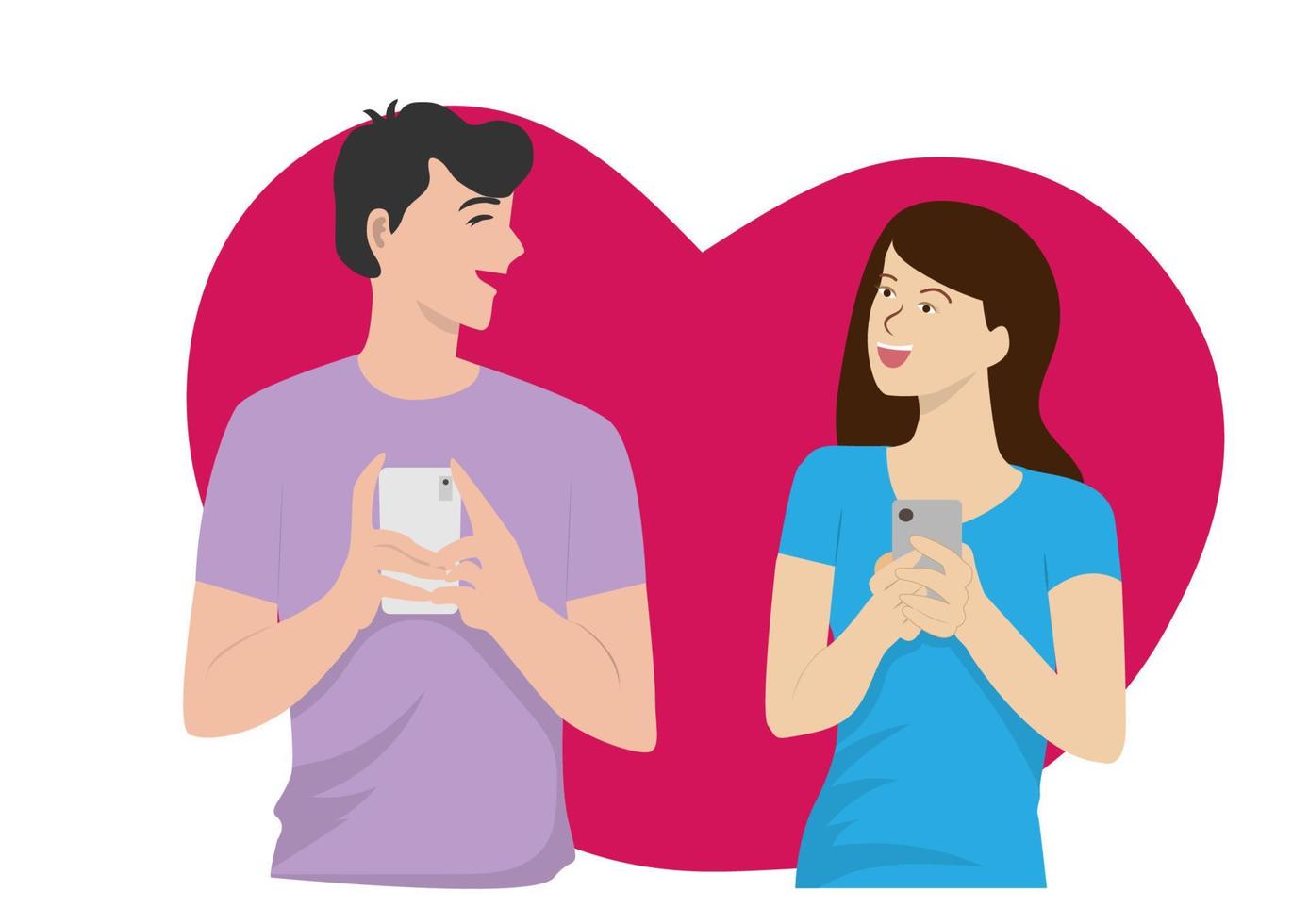 Male and female characters happily chatting with what is displayed on their smartphones. vector