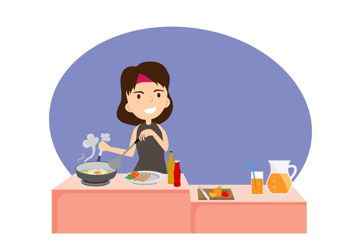 Cartoon illustration housewife cooking breakfast fried egg decorated with tomato vegetable salad And healthy orange juice vector