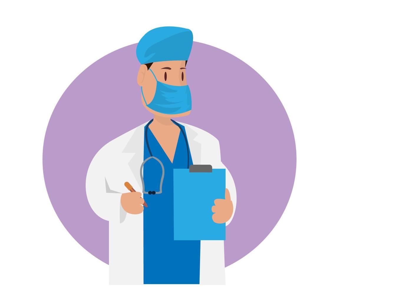 A doctor wearing a medical mask holds a clipboard to question the patient's condition. Flat style cartoon illustration vector