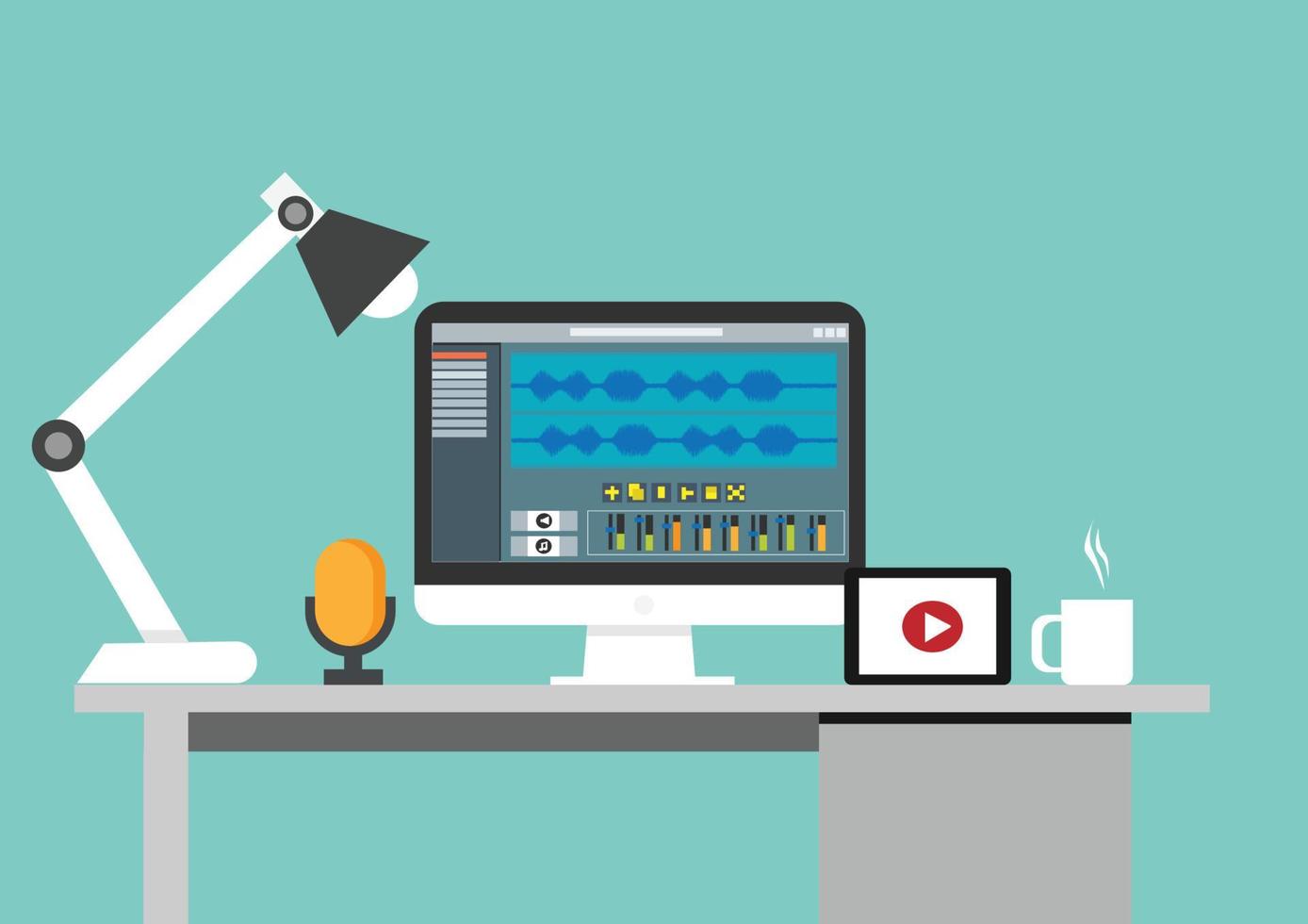 el lugar de trabajo de un blogger o editor de video con un monitor y una interfaz de aplicación para el proceso de edición de video. ilustración de vector de micrófono profesional