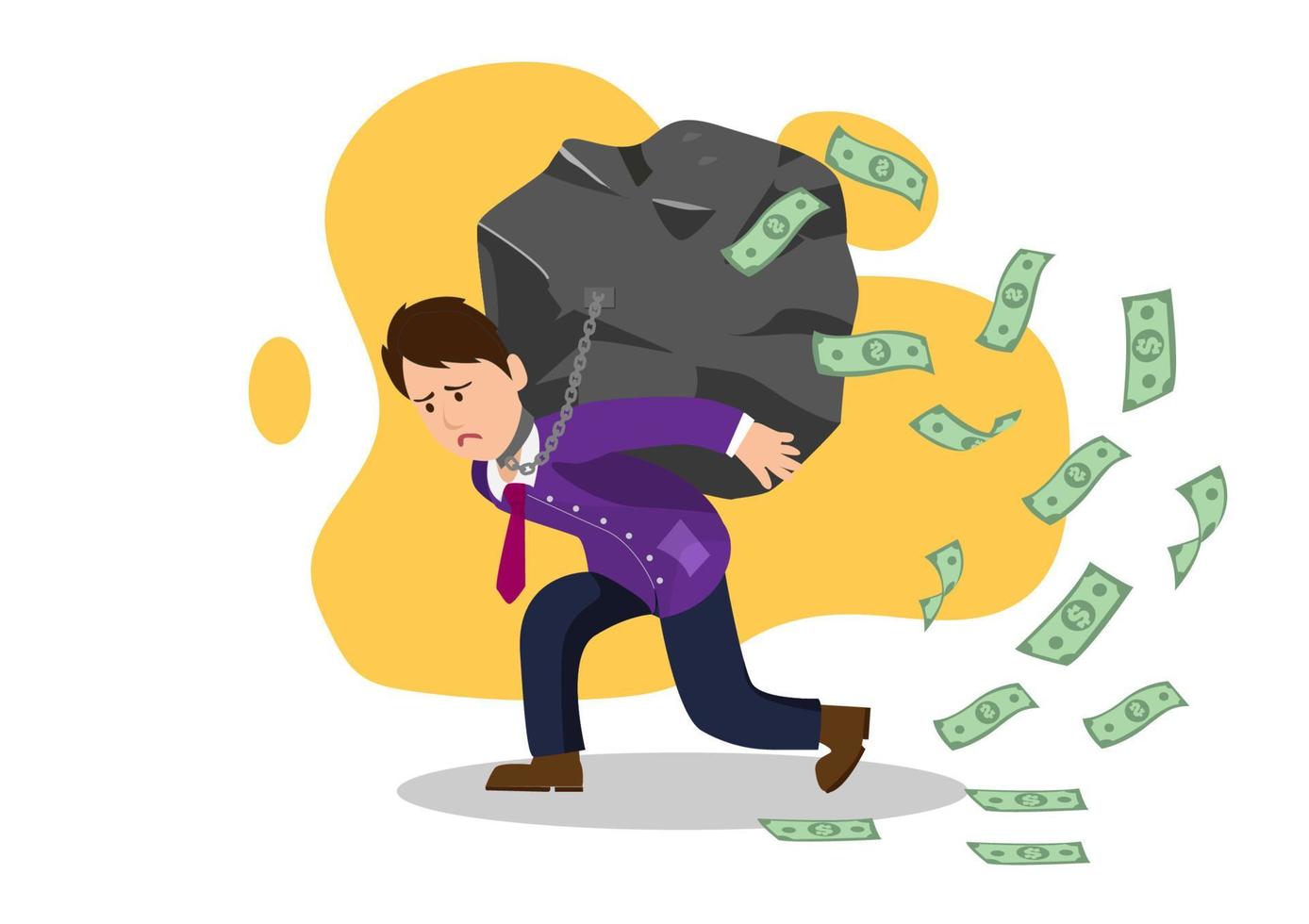 Businessman who owes money from unsuccessful investments. Flat style cartoon illustration vector