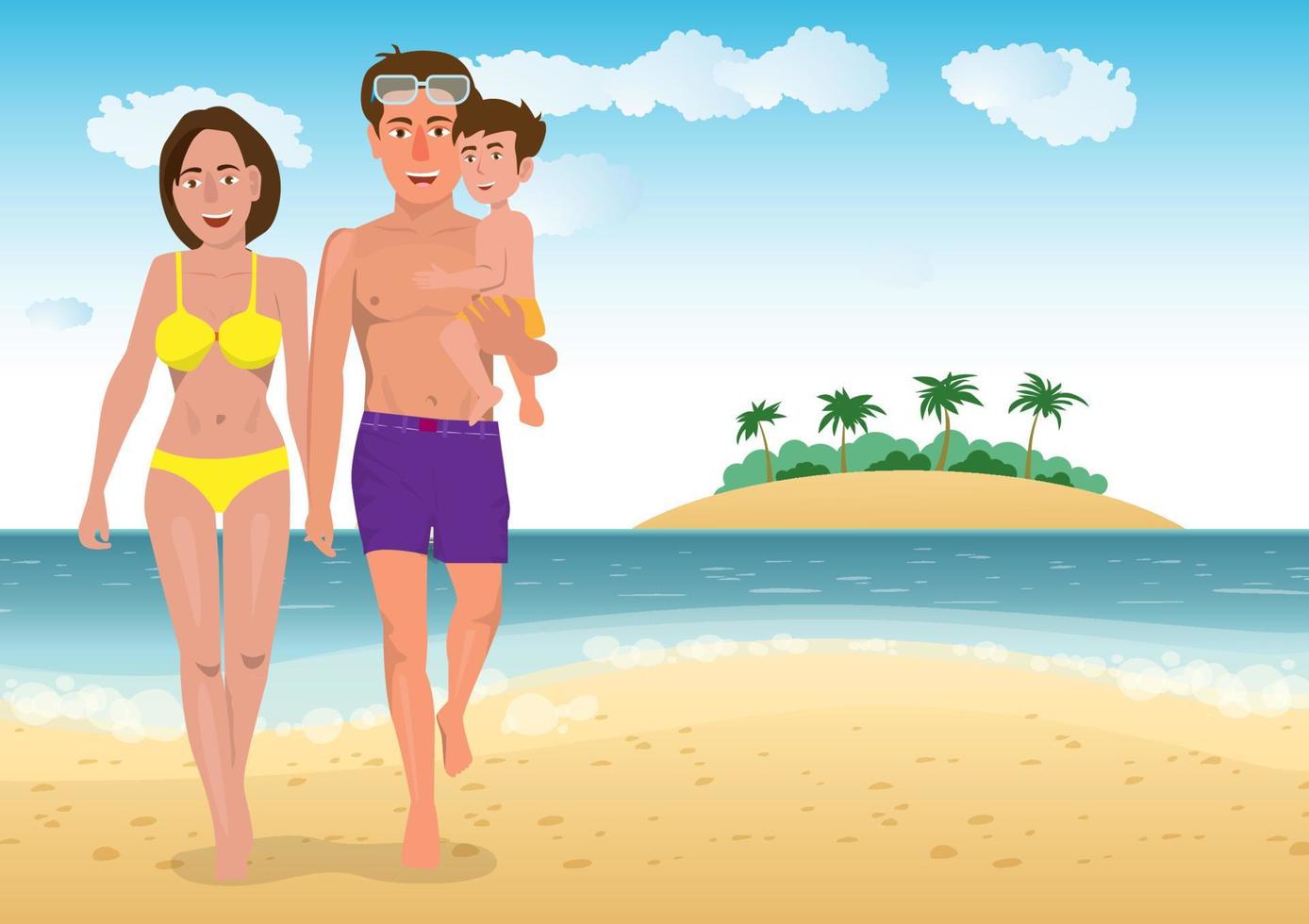 On a family vacation, they went to relax at the sea. happy walk along the beach. Flat style cartoon illustration vector