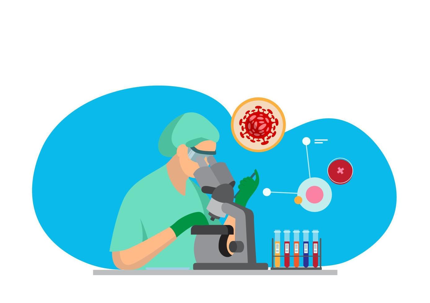 la científica descubre el coronavirus mutante en el concepto de investigación de vacunas de virus de laboratorio científico en una ilustración vectorial de estilo de diseño simple. vector