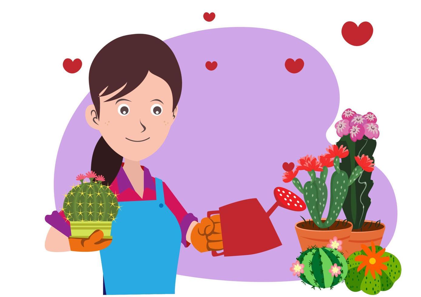 la dueña de la floristería de cactus, cuida muy bien las plantas y las mantiene. embellece el árbol de su tienda. vector de ilustración de dibujos animados de estilo plano