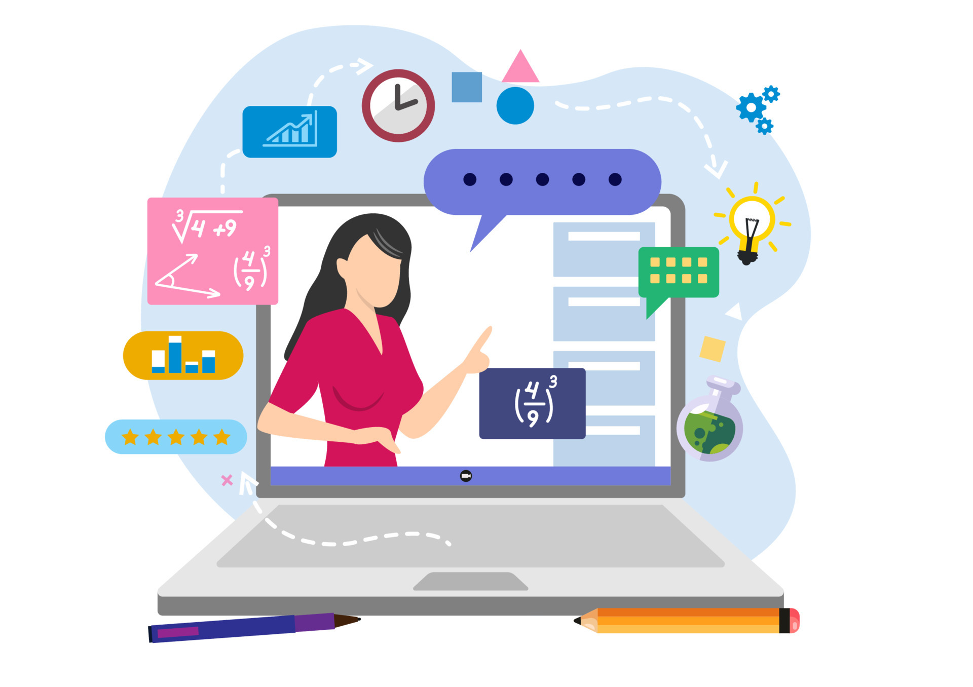 Teacher connects online and streams her video courses on the web platform.  flat style cartoon illustration vector 5607204 Vector Art at Vecteezy