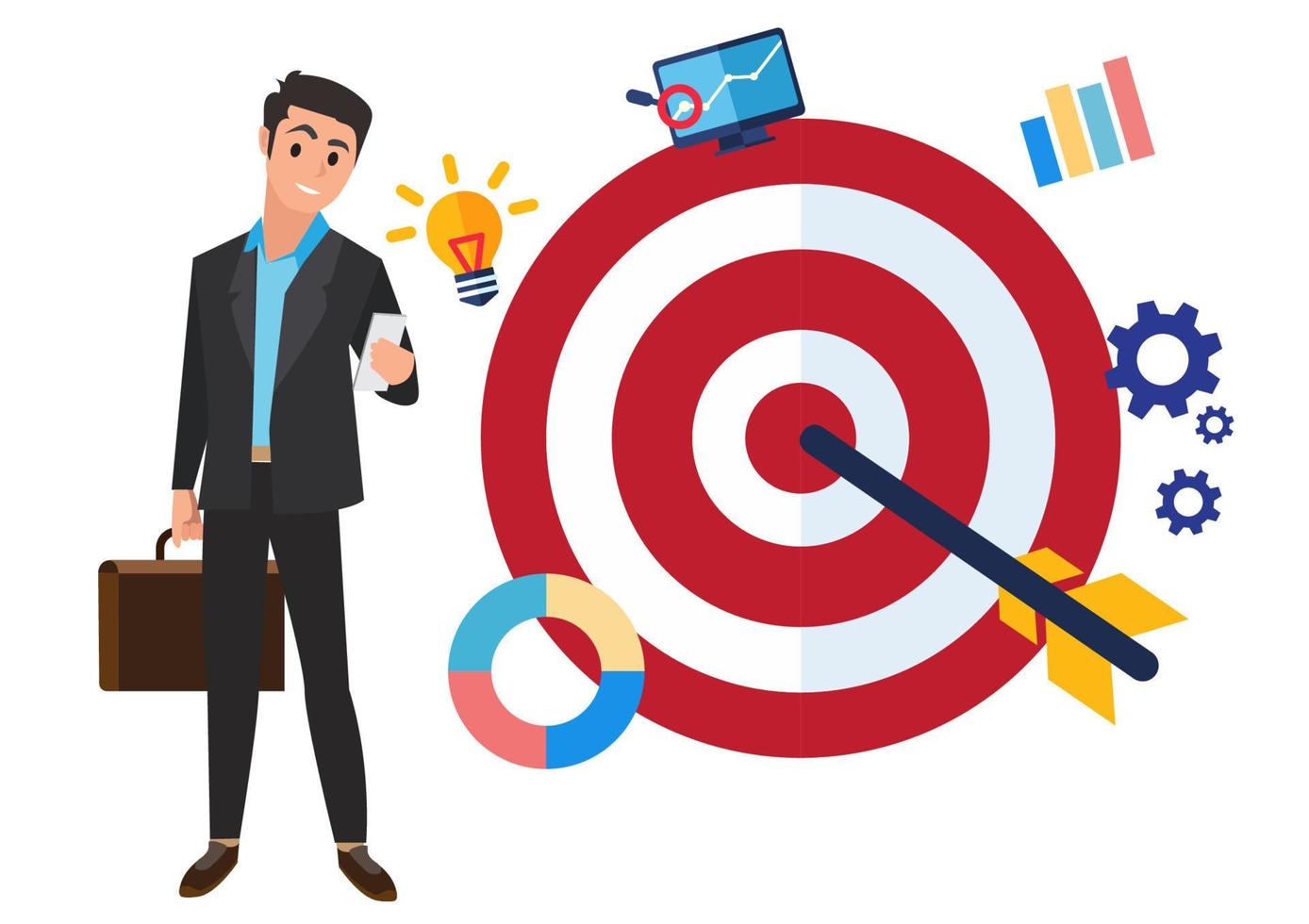 flat design illustration with businessman character standing with big target and arrow flat design banner isolated on white background Mission accomplished for sure. vector