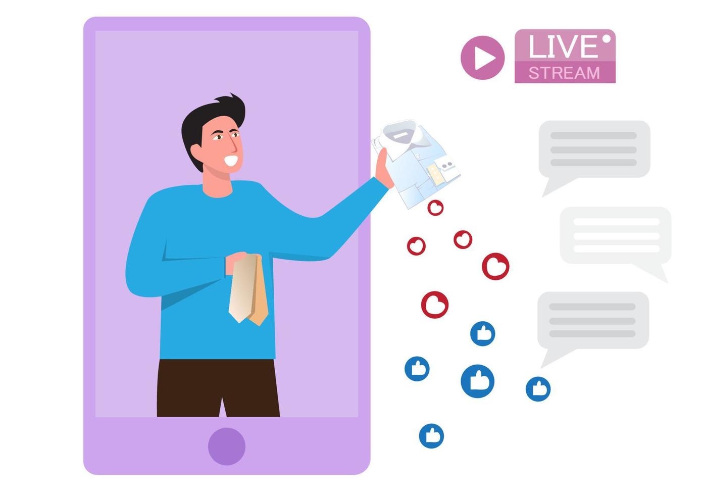 This man uses live streaming to sell clothing, suits, ties, shirts, collared t-shirts and crew necks, with interactive chats during the online sales stream. Flat style cartoon illustration vector