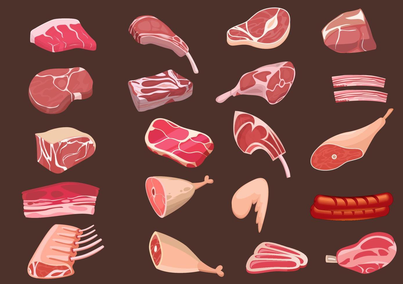 el color de la carne y los productos cárnicos establece un diseño simple sobre fondo marrón. vector de ilustración de dibujos animados de estilo plano