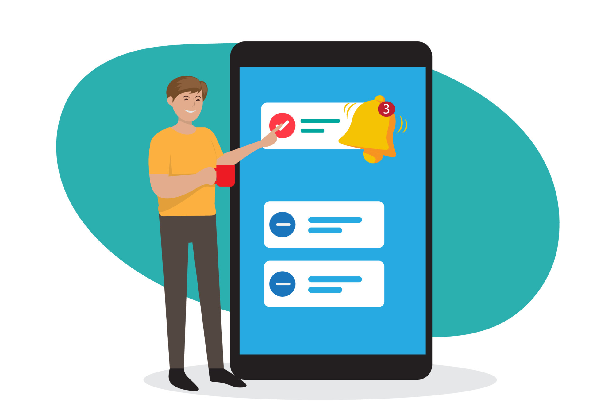 Notification Young man, he received a chat message notification in a