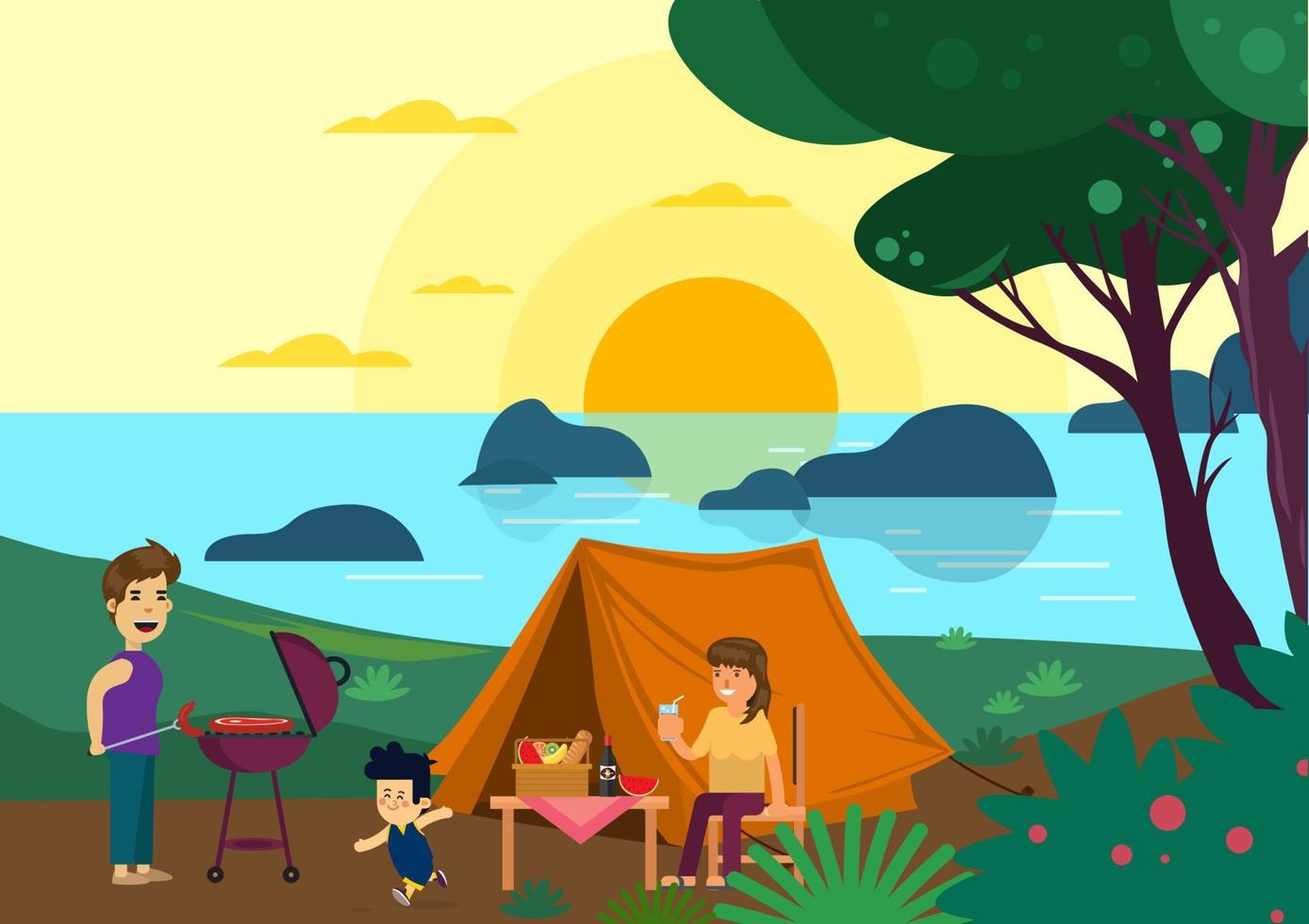 ilustración del concepto del mes familiar la familia feliz disfruta de acampar en el bosque. carne asada del padre. la madre bebe jugo, el hijo corre y juega. ilustración de estilo plano de dibujos animados de vector