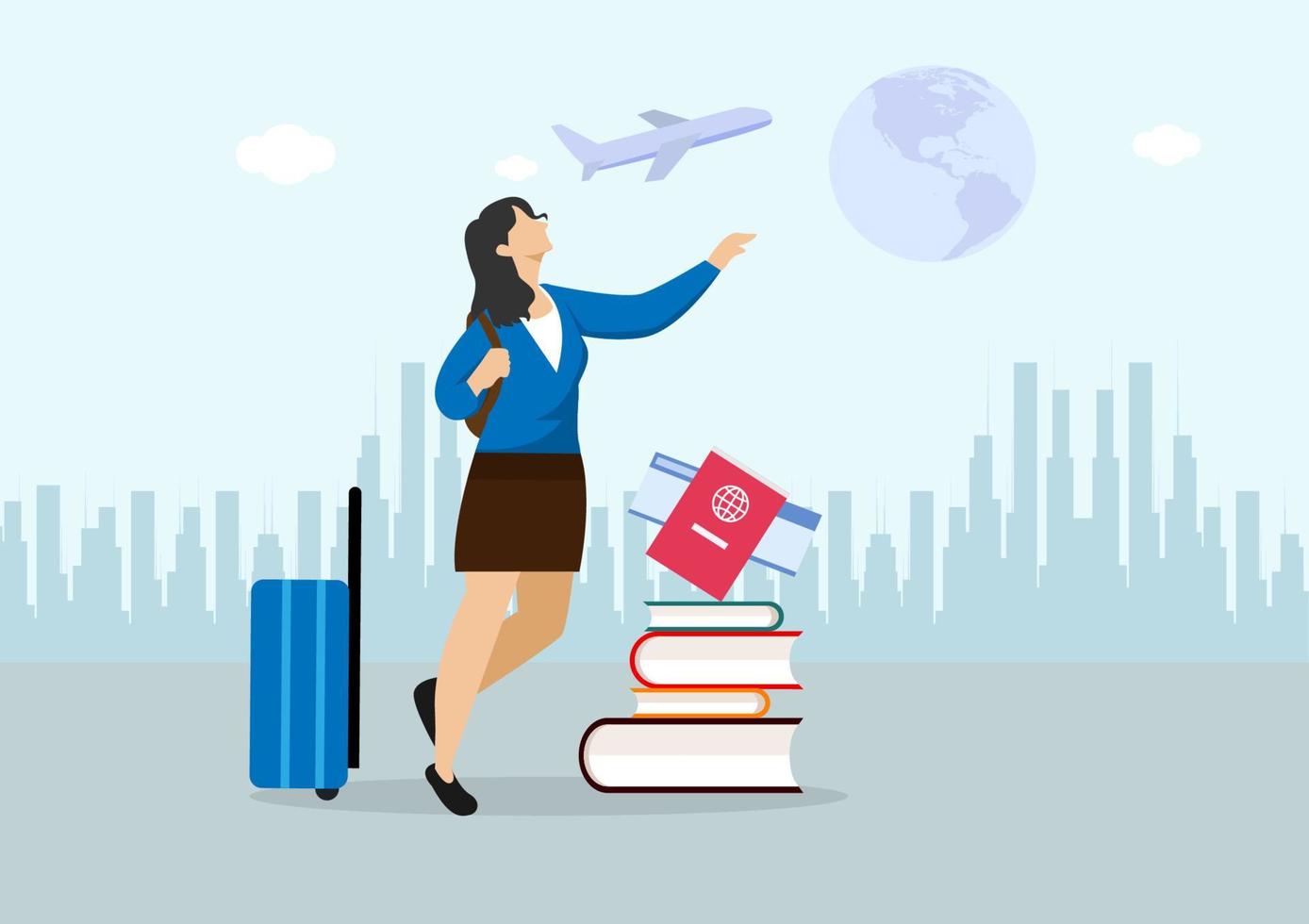 educational travel ideas for schoolchildren in uniform and luggage Passport symbols, tickets, books, planes, travel abroad. flat style vector illustration