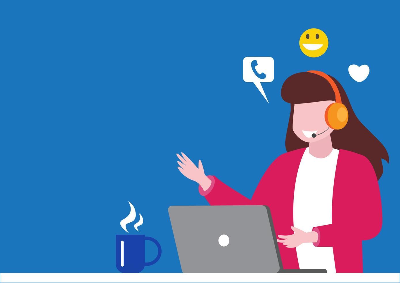 Woman with headphones working on computer. Customer service, assistant, support, call center concept. Vector illustration.