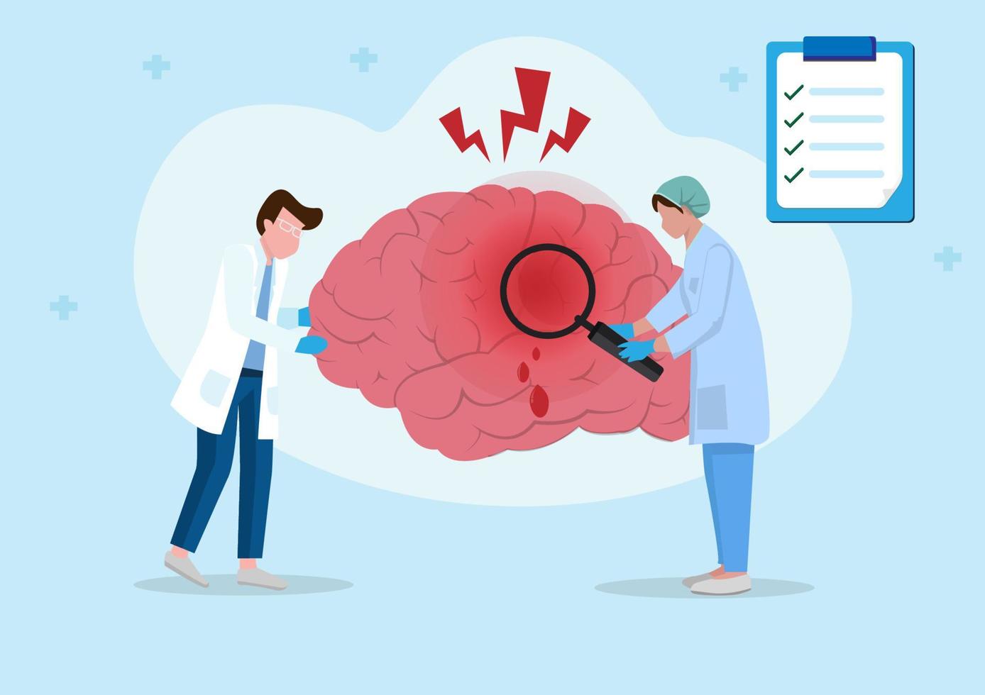 Concept of brain disease and neurosurgery. flat style vector illustration male doctor ready nurse standing using a magnifying glass Find neurological disease and hemorrhagic stroke symbols.