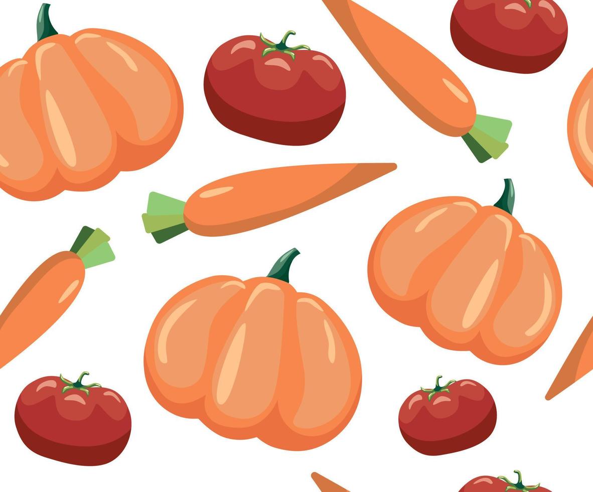 Seamless pattern with vegetables. Vegetables on white background. Tomato, carrot and pumpkin vector