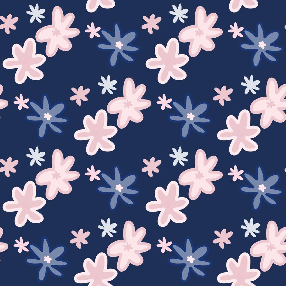 Floral seamless pattern with daisy abstract elements. Dark navy blue background with pink botanic silhouettes. vector