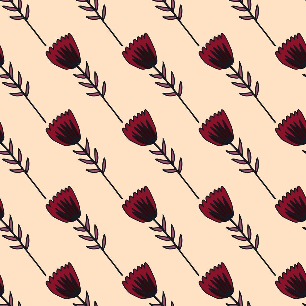 Simple outline tulip flowers seamless pattern with black contour. Soft light pink background. Stylized artwork. vector