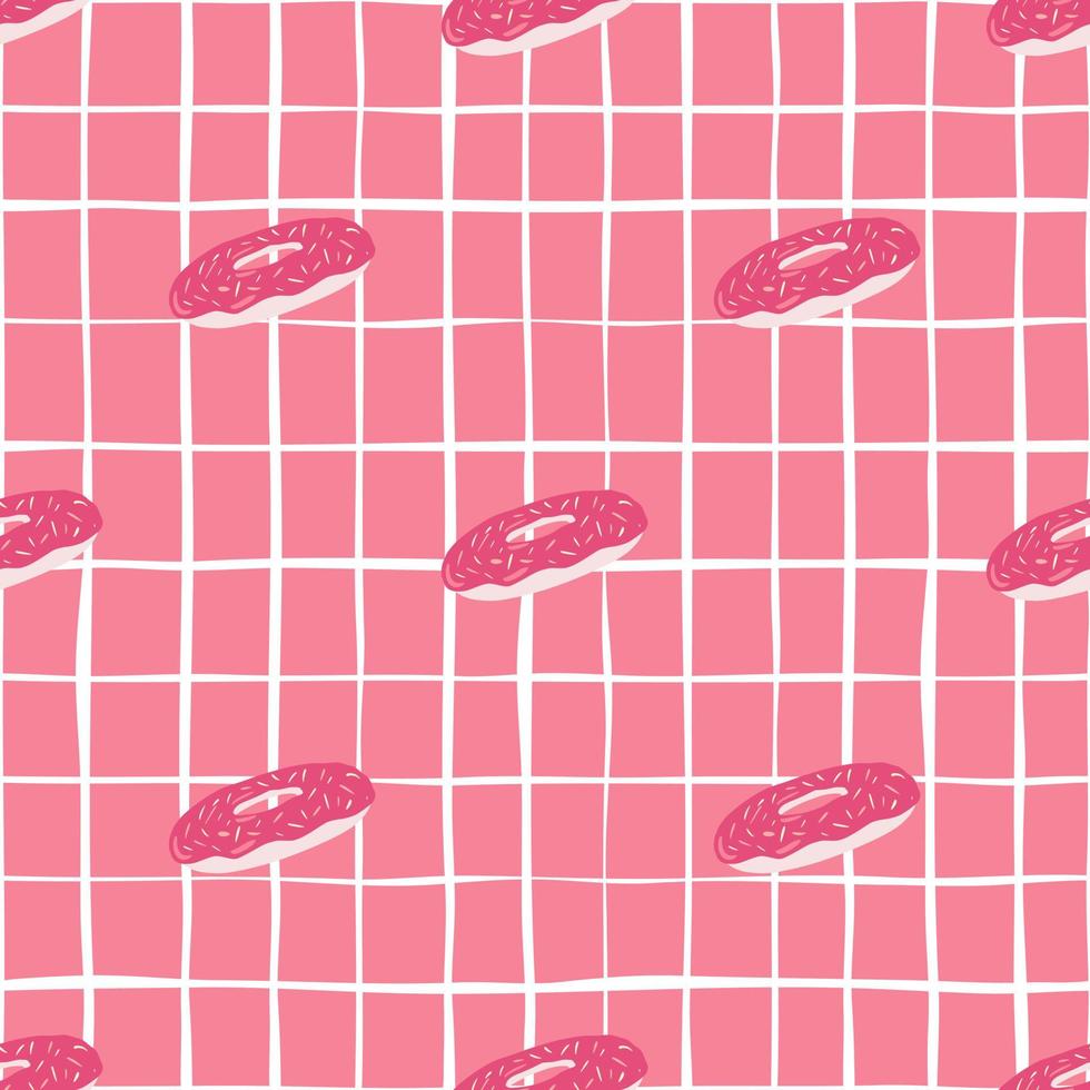 Seamless pattern with diagonal donuts ornament. Sweet print in pink palette with white chequered background. vector