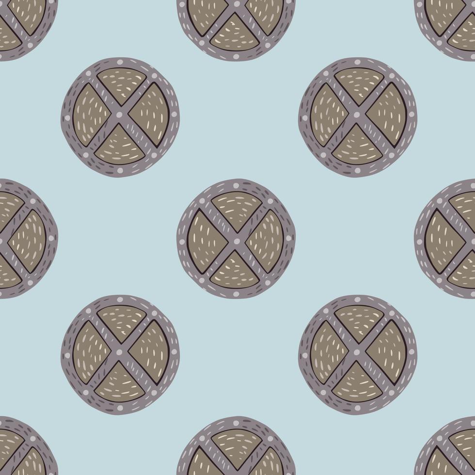 Beige and grey colored wood shield seamless pattern. Circle weapon ornament on light blue background. vector