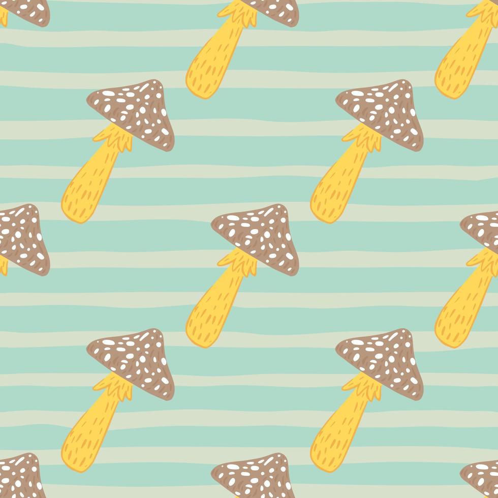 Beige and yellow tones fly agaric elements seamless doodle pattern. Blue striped background. vector