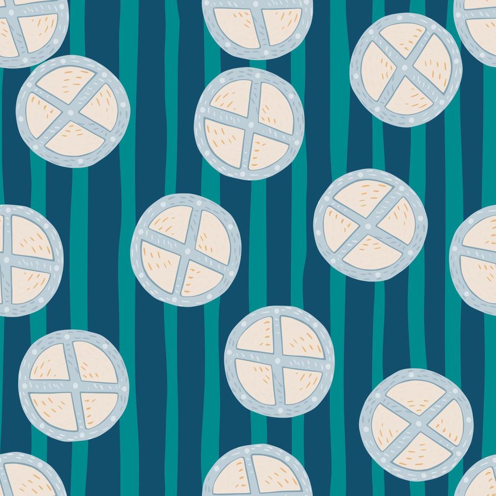 Random seamless pattern with medieval pink and blue colored wood shield. Navy blue and turquoise striped background. vector