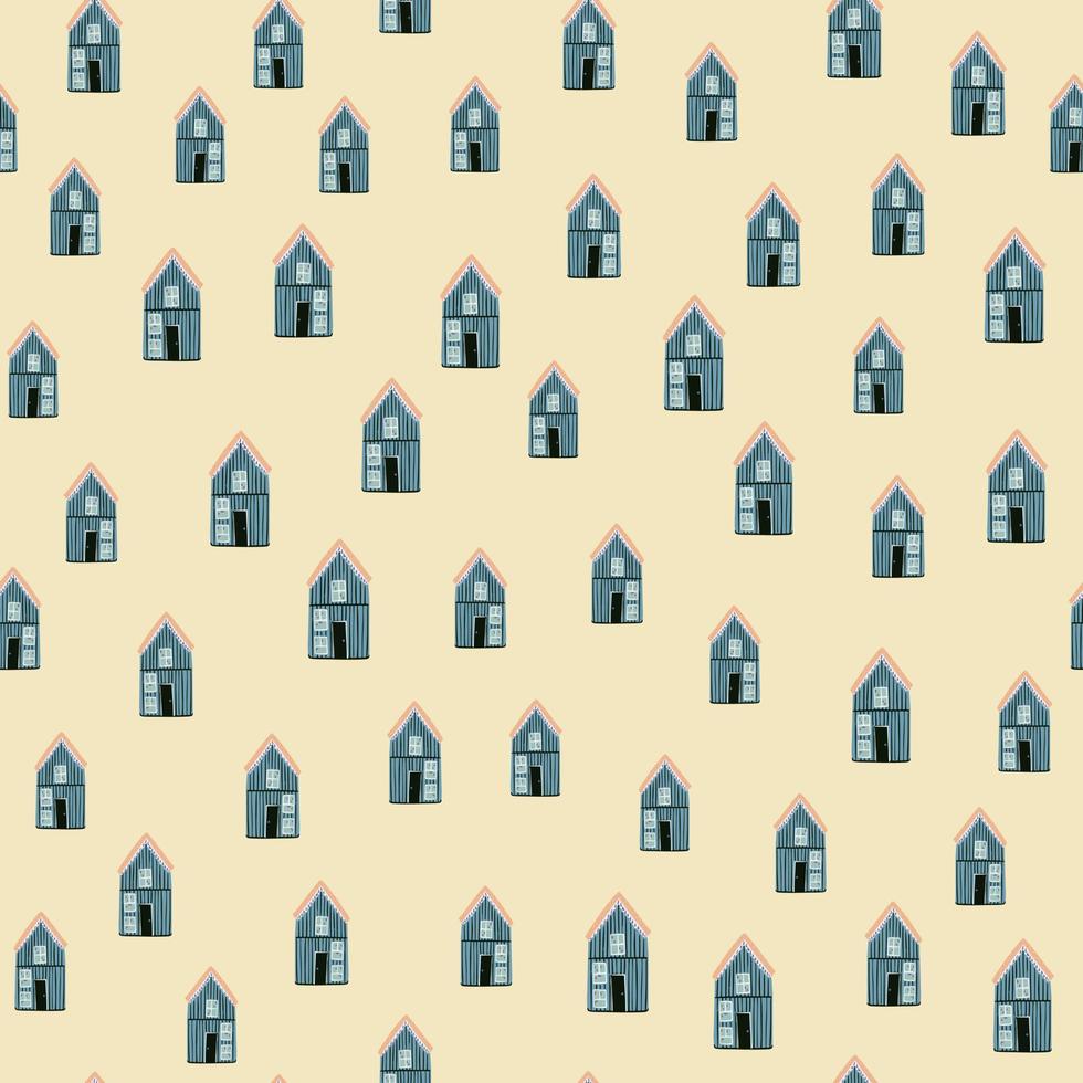 Random little blue house silhouettes seamless pattern. Light background. Creative backdrop. vector