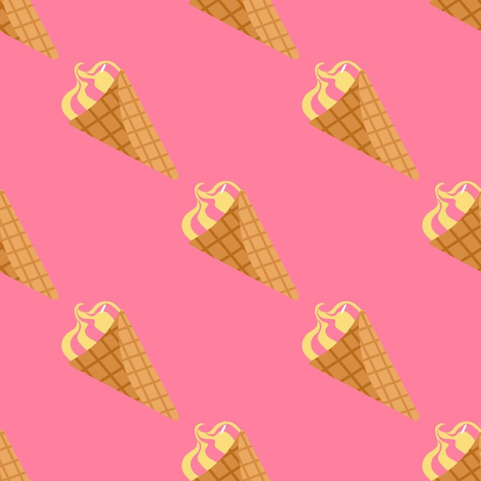 Ice cream in waffle cones seamless pattern on pink background. Vector illustration.