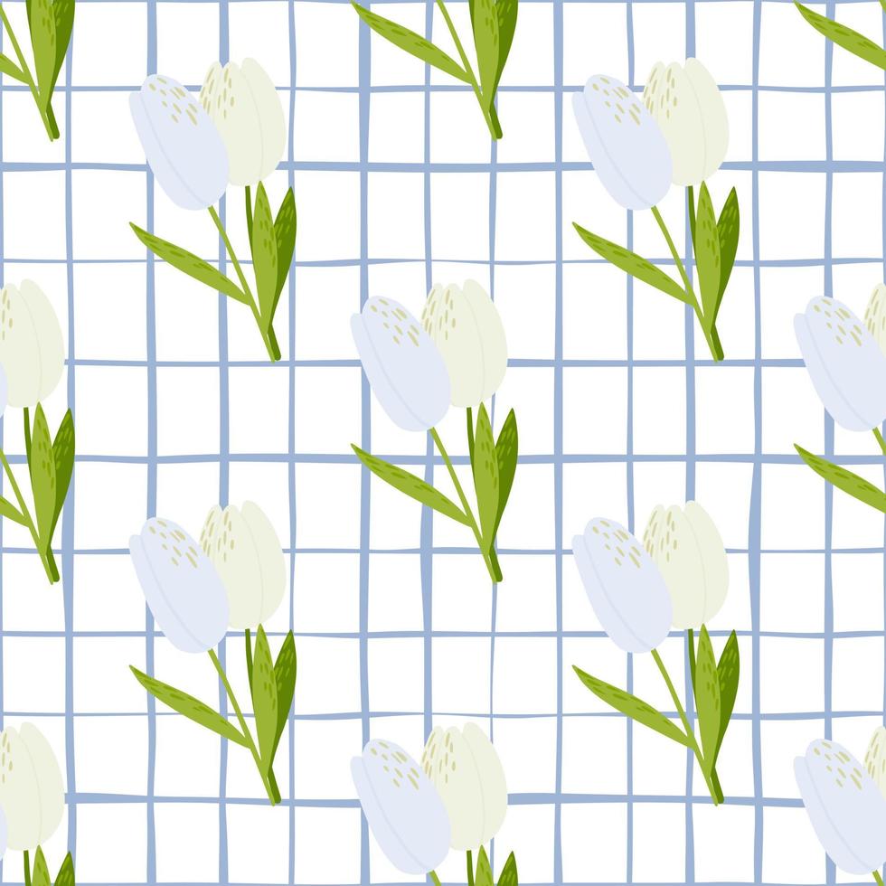 Spring seamless tender pattern wuth tulips. Flower simple elements with green stems on white chequered background. vector