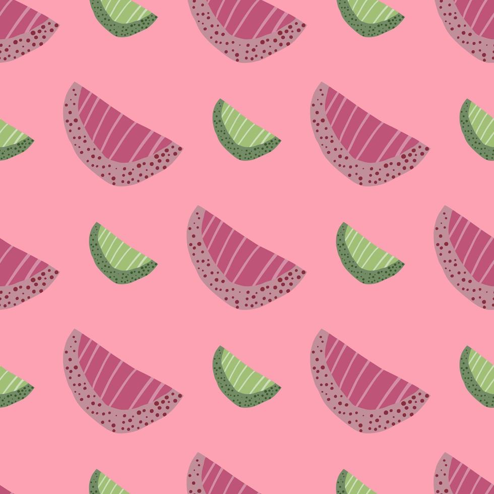 Bright summer seamless pattern with purple tone and green slices. Fruit abstract shapes on pink background. vector