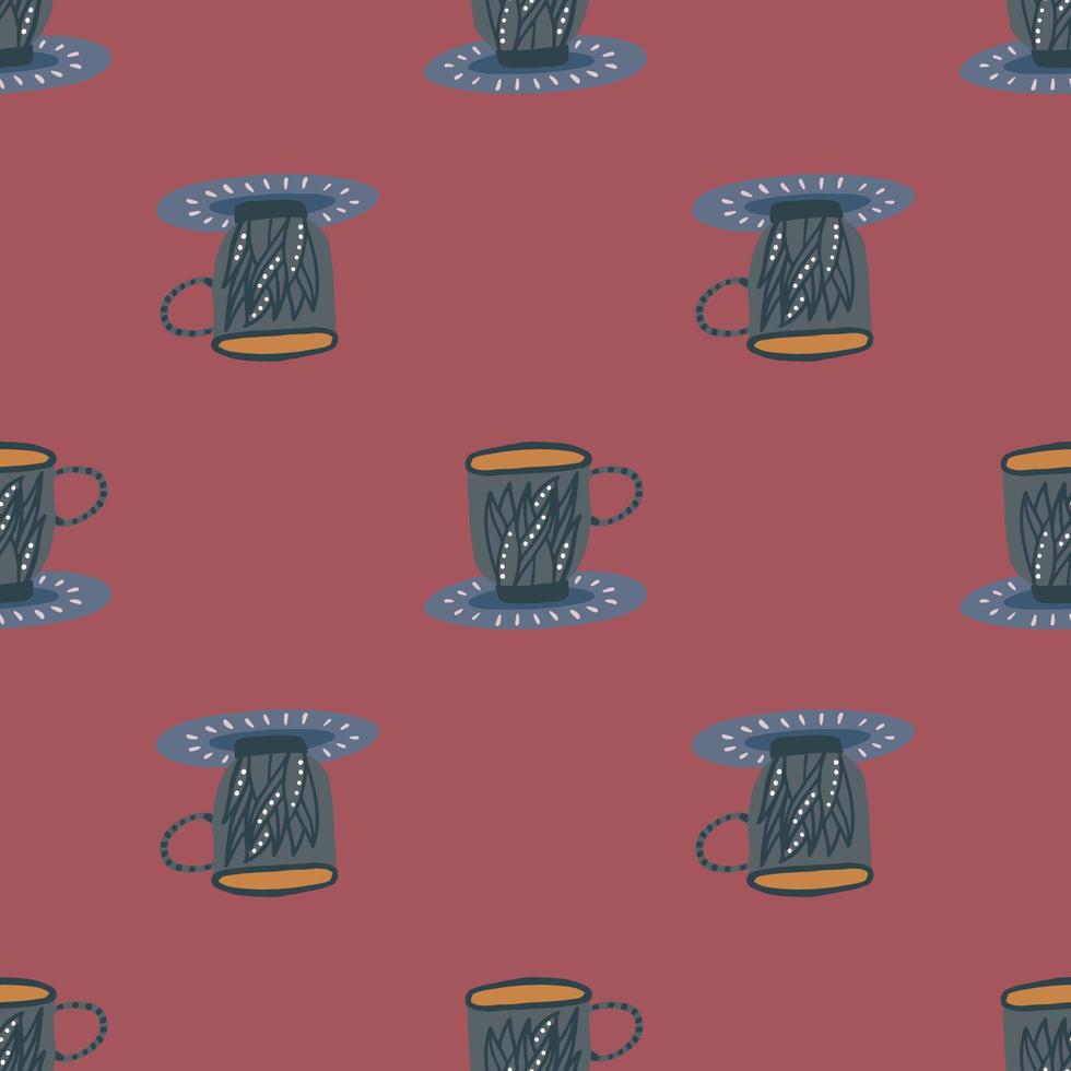 Dark grey herbal tea cup seamless pattern. Cozy kitchen print with maroon background. vector