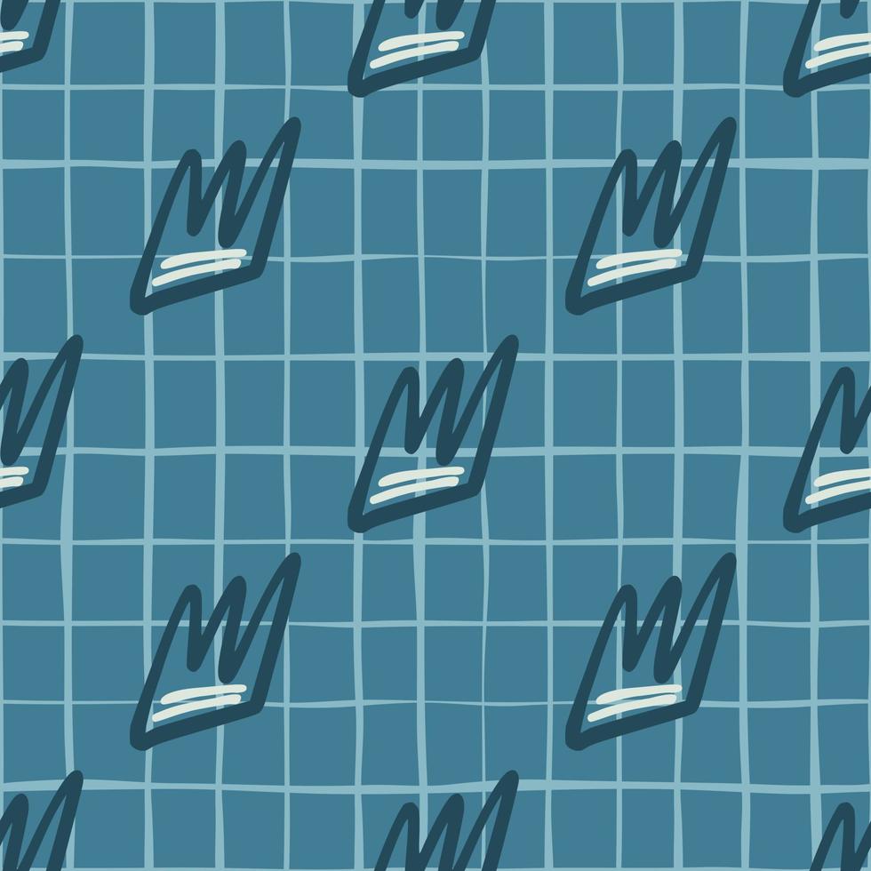 Seamless pattern with dark crowns silhouettes on navy pastel blue background. Little white elements. vector
