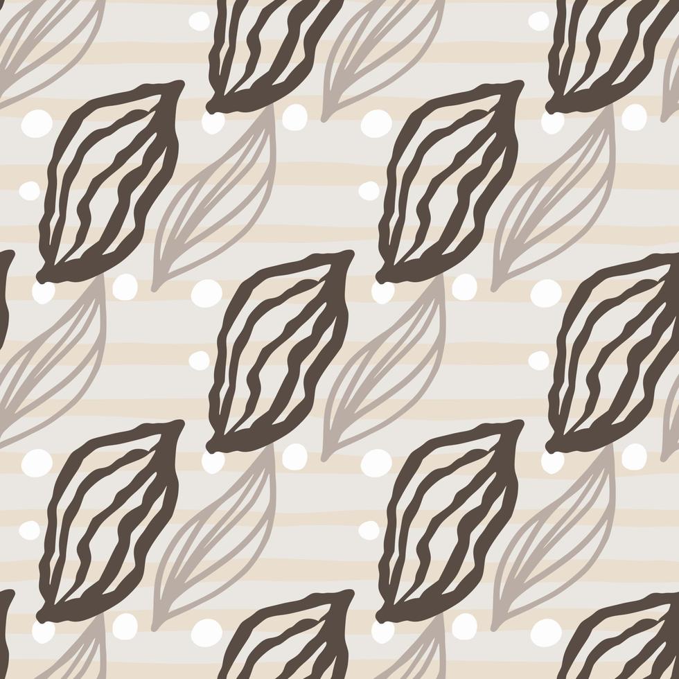 Leaf outline figures seamless doodle pattern. Brown and grey contoured botanic print on stripped light background. vector