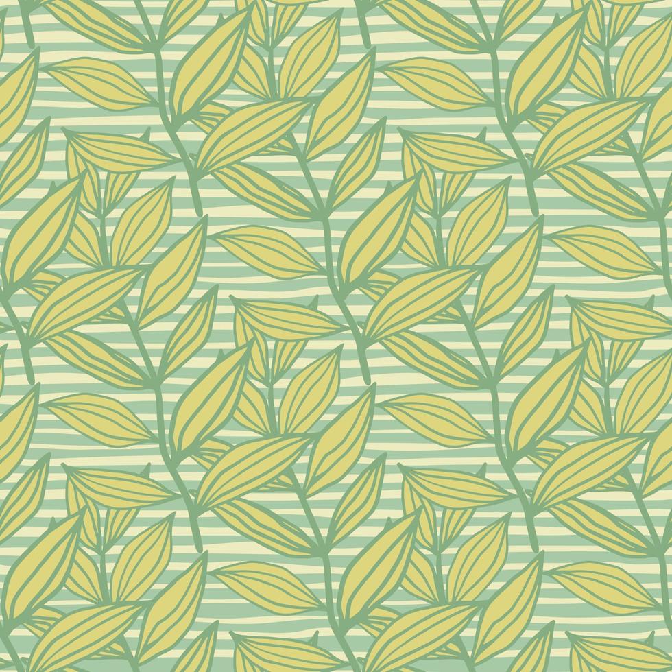 Contoured geometric doodle seamless pattern with leaves. Floral artwork in green tones with stripped background. vector