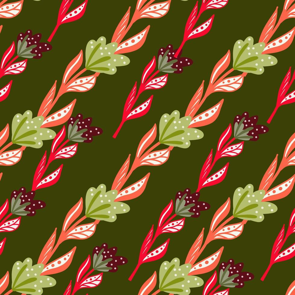 Bright floral seamless pattern with pink and green flowers elements. Green background. Bloom backdrop. vector