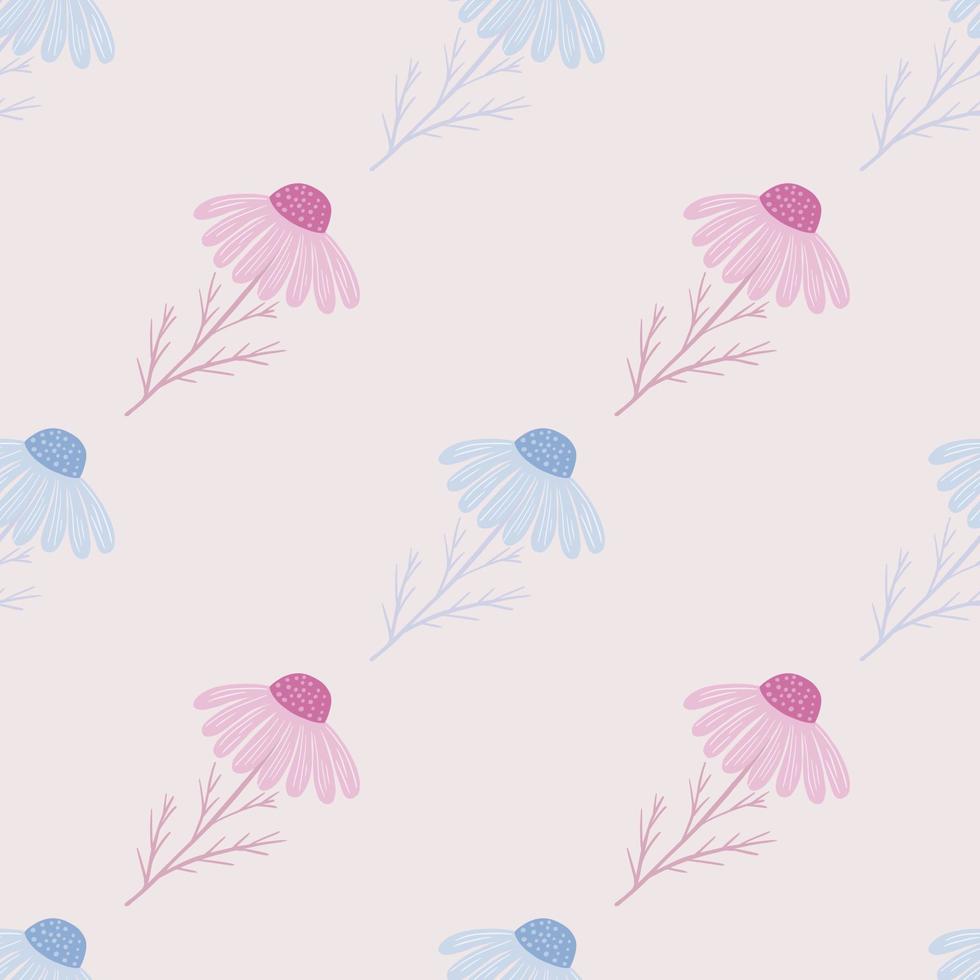 Pale pastel tones seamless pattern with hand drawn blue and pink chamomile flowers print. vector