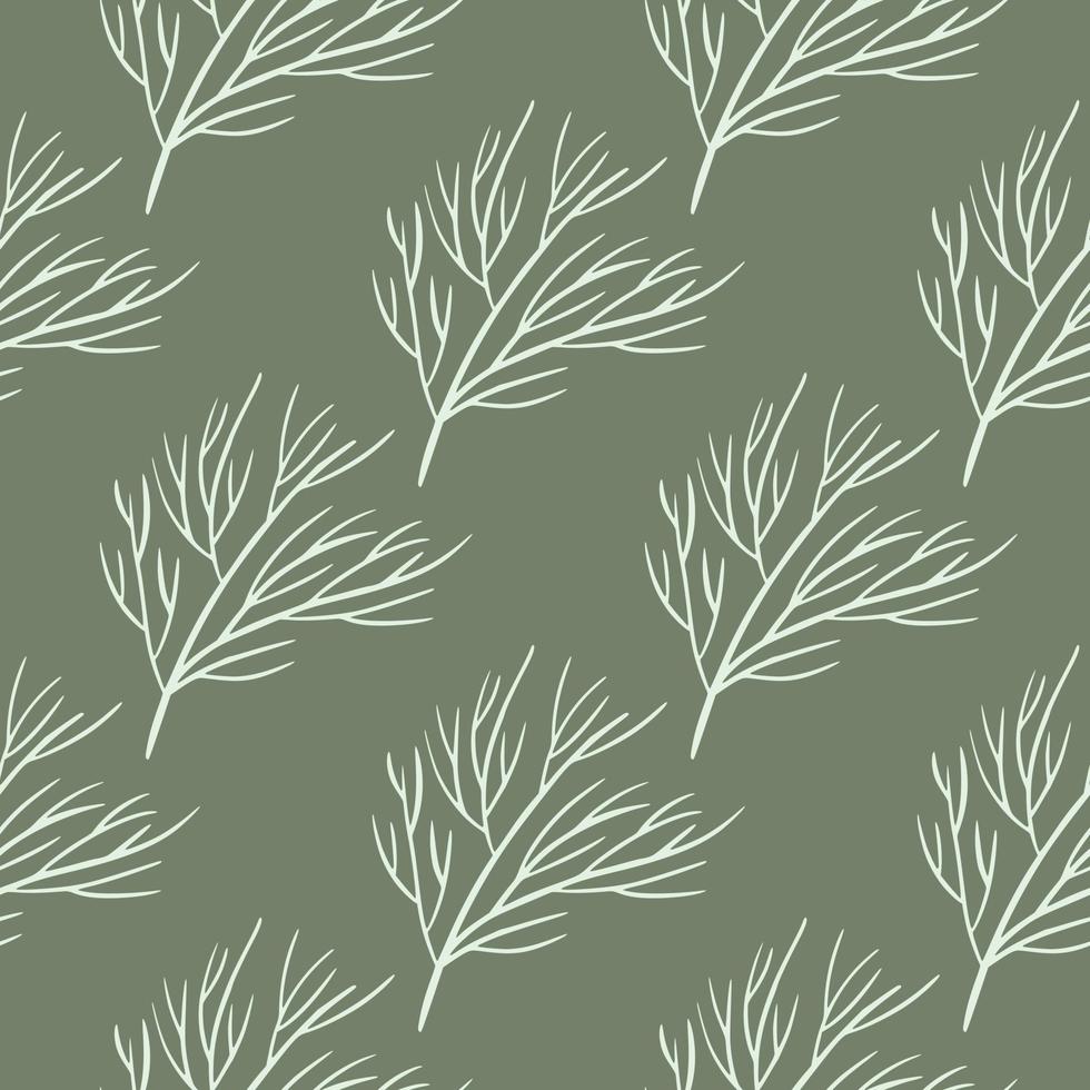 Botanic forest seamless pattern with white contoured tree branches ornament. Light green olive background. vector