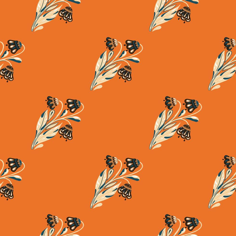 Botanic seamless pattern with abstract flowers bouquet print. Bright orange background. Vintage style. vector