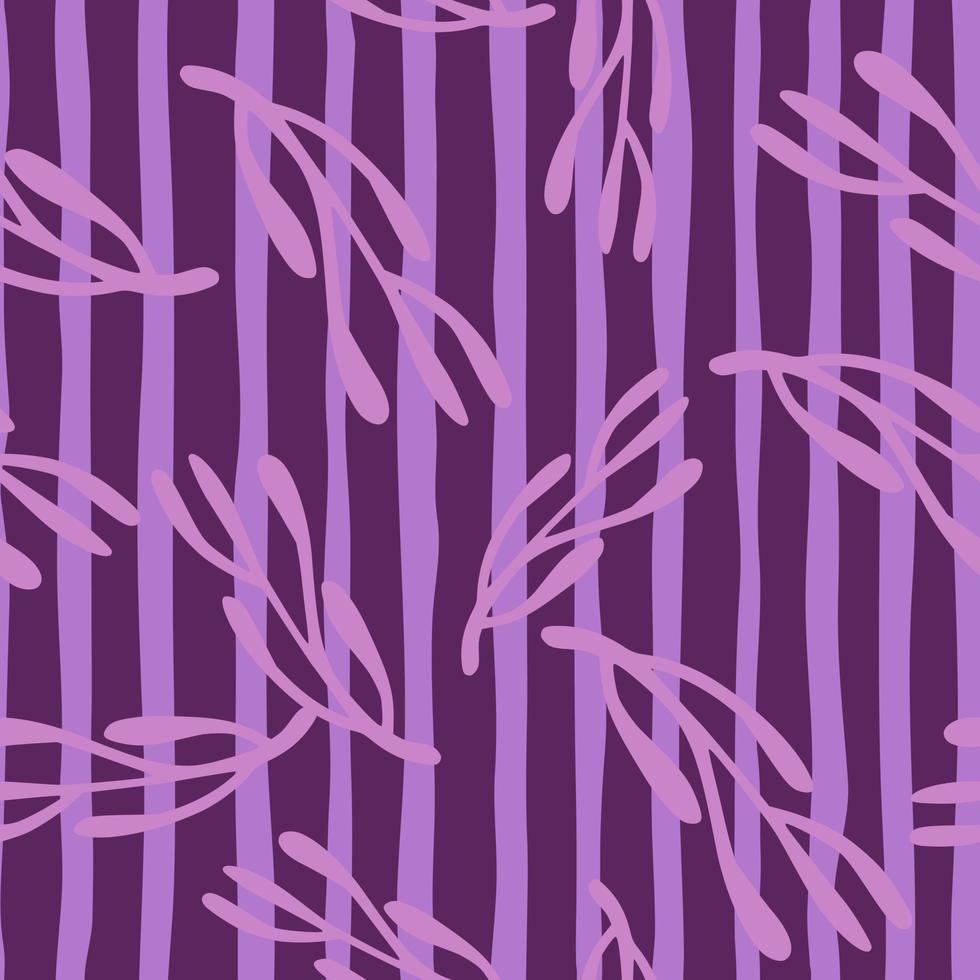 Decorative seamless pattern with random abstract doodle branches ornament. Purple striped background. vector