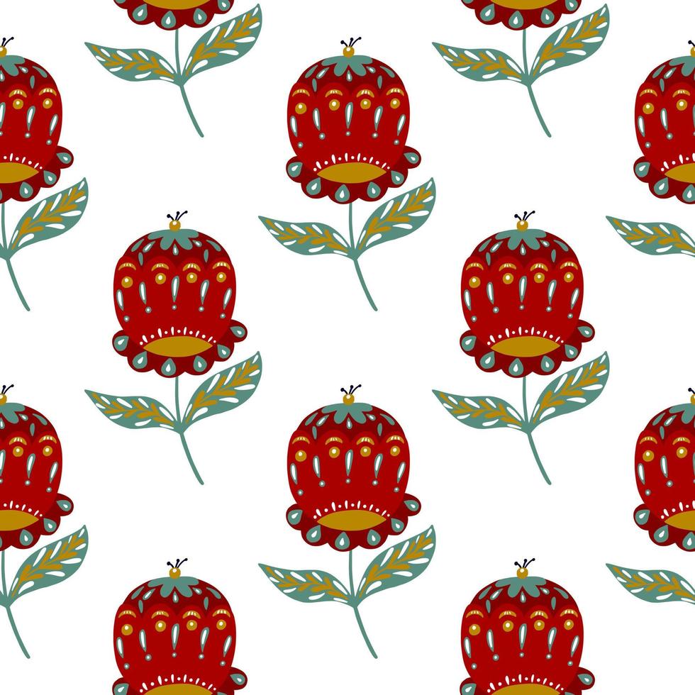 Isolated seamless pattern with doodle folk flower buds silhouettes in bright red color. White background. vector