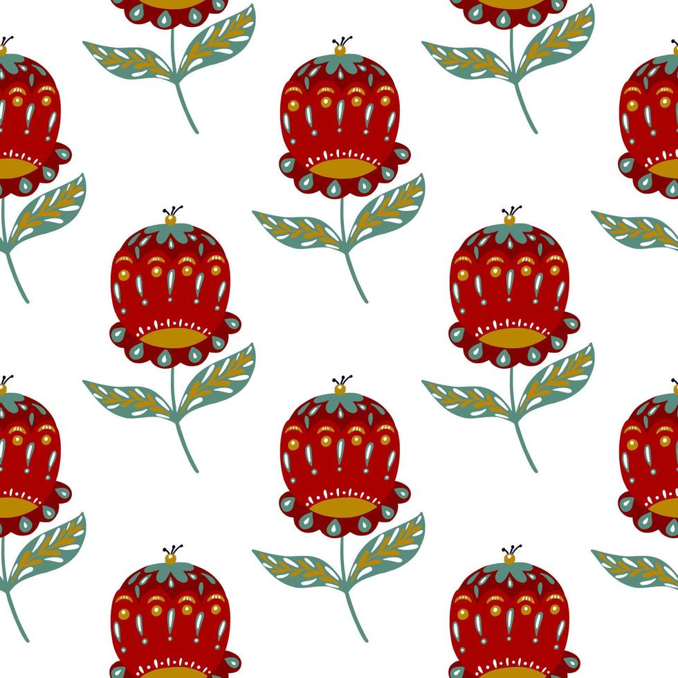 Isolated seamless pattern with doodle folk flower buds silhouettes in bright red color. White background. vector