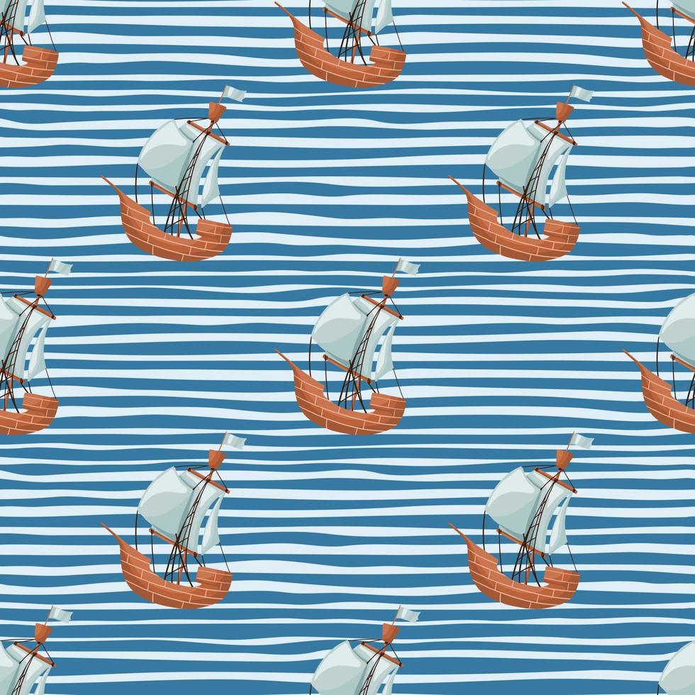 Patrón sin costuras de velero pirata. papel pintado geométrico de barco y olas para niños. vector