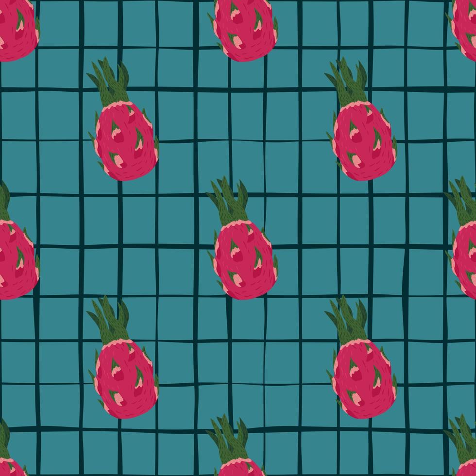 patrón sin costuras de vitamina con un simple adorno de fruta de dragón de color rosa y verde sobre fondo azul con cheque. vector