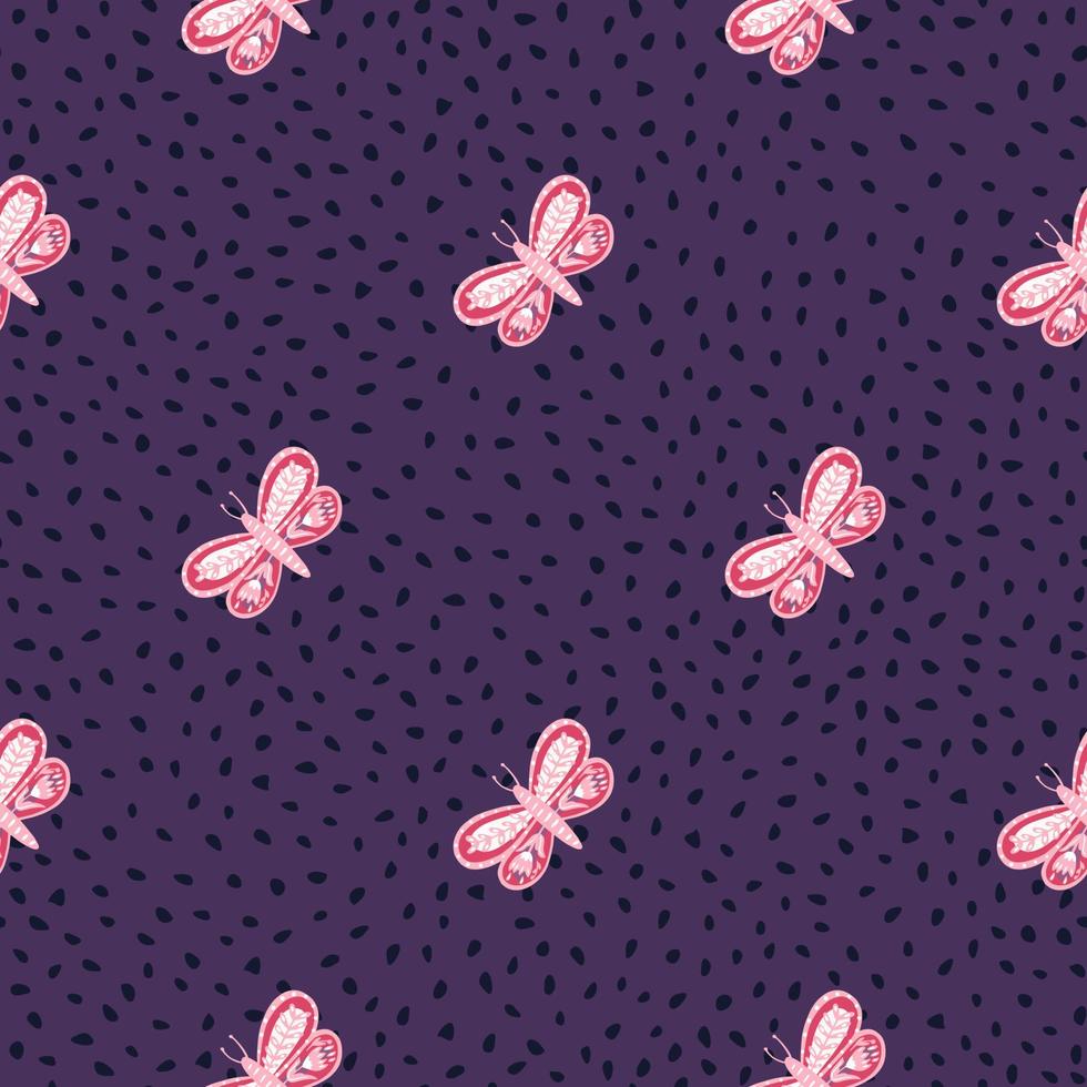 Wildlife creative seamless pattern with doodle pink folk butterfly print. Purple dotted background. vector