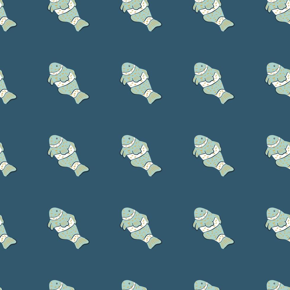 Marine fauna seamless pattern with light blue clown fish elements print. Dark navy blue background. vector