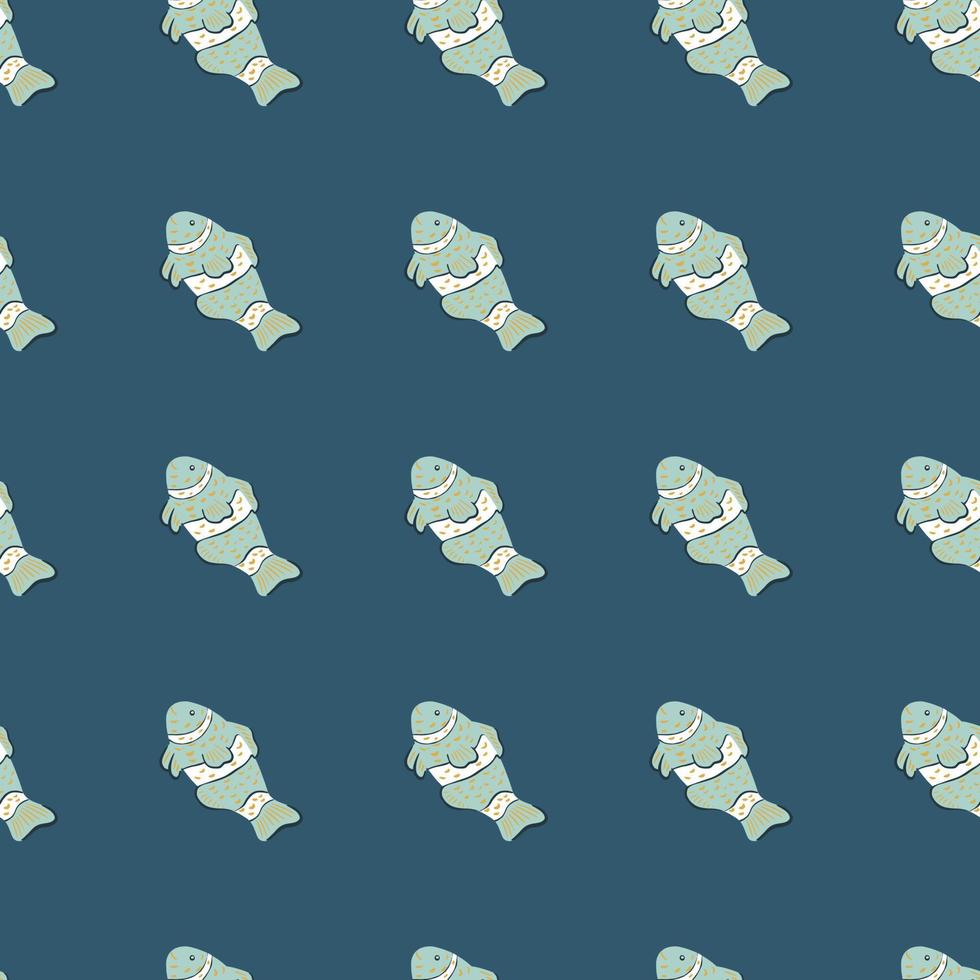 Marine fauna seamless pattern with light blue clown fish elements print. Dark navy blue background. vector